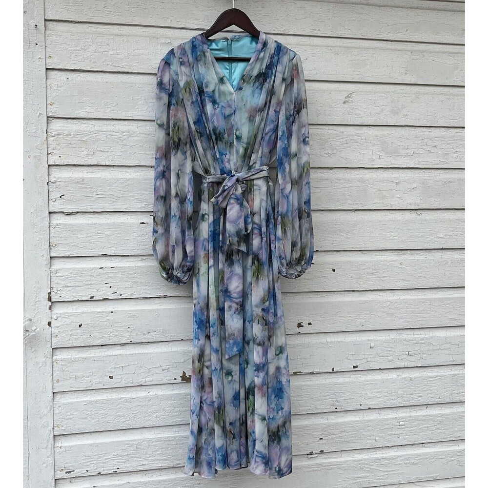 ALEX MARIE Hayden Tie Waist Balloon Sleeve Floral Watercolor Art Maxi Dress- 8